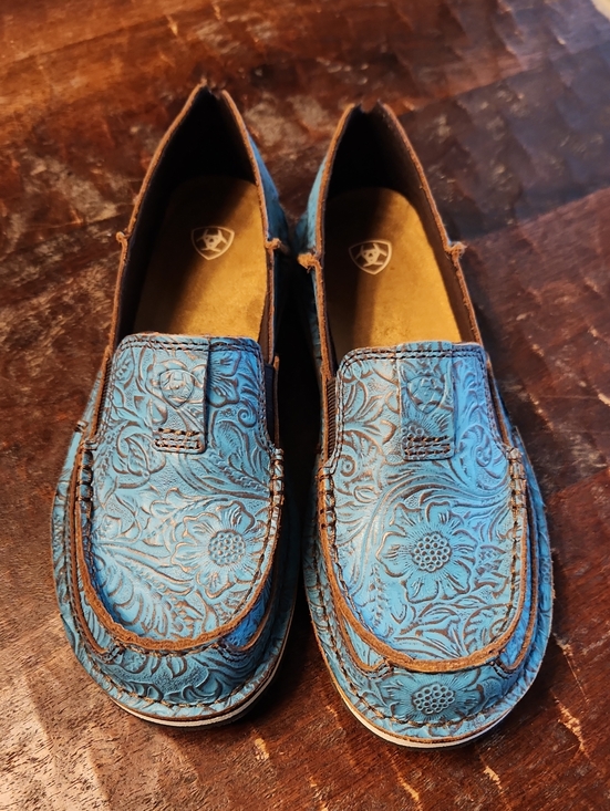 Ariat Shoes - Ariat Turquoise Blue Floral Tooled Leather Slip-On Loafers